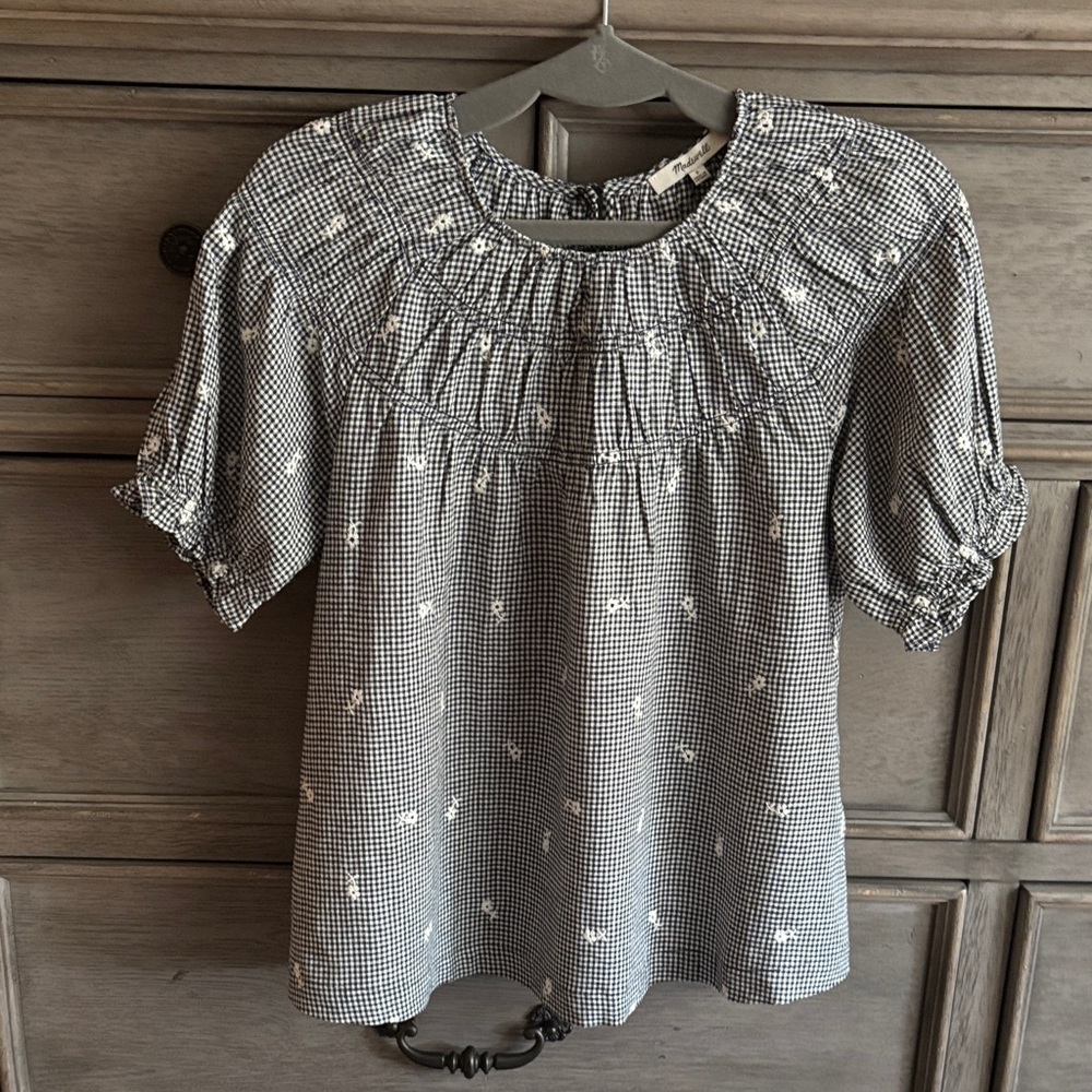 NWT Madewell Embroidered Gingham Peasant Top
